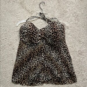 Leopard Print Halter Tankini Swim Top